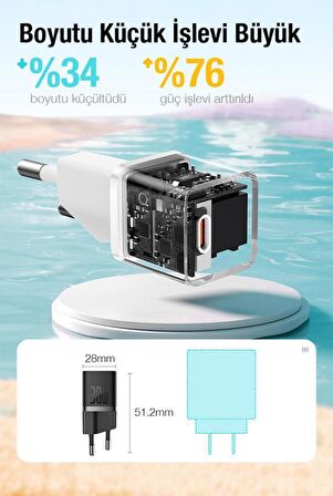 Baseus 30W PD Ultra Hızlı 1x Type-C Şarj Aleti, Akım ve Isı Korumalı Telefon Tablet Şarj Adaptörü