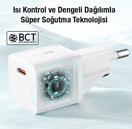 Baseus 30W PD Ultra Hızlı 1x Type-C Şarj Aleti, Akım ve Isı Korumalı Telefon Tablet Şarj Adaptörü