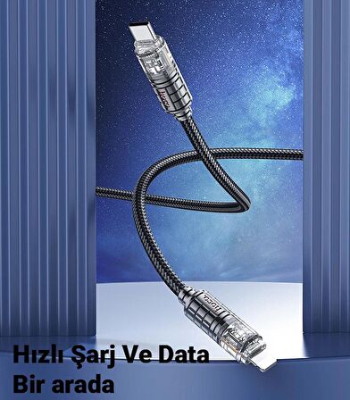 Polham HC Series Led Işıklı 1MT 27W Type-C to iPhone Lightning Süper Hızlı Data ve Şarj Kablosu, Akım ve Isı Korumalı Halat Kopmaz Lightning  Kablo