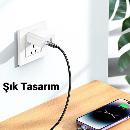 Polham HC Series Led Işıklı 1MT 27W Type-C to iPhone Lightning Süper Hızlı Data ve Şarj Kablosu, Akım ve Isı Korumalı Halat Kopmaz Lightning  Kablo