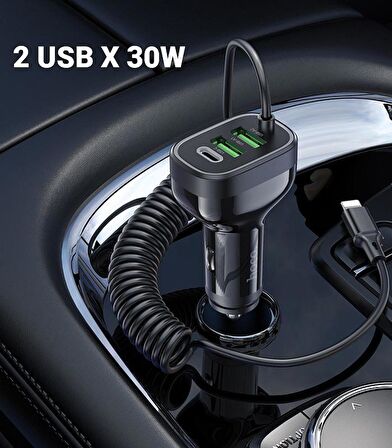 Polham HC Seri 150CM 30W 2x USB,1x Type-C Girişli iPhone Lightning Kablolu Araç Çakmaklık Şarj Aleti
