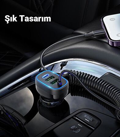 Polham HC Seri 150CM 30W 2x USB,1x Type-C Girişli iPhone Lightning Kablolu Araç Çakmaklık Şarj Aleti