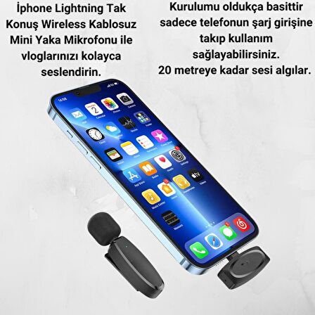 Polham Profesyonel Kablosuz iPhone Lightning Yaka Mikrofonu, 20 Metre Mesafeli Yayıncı Yaka Mikrofonu