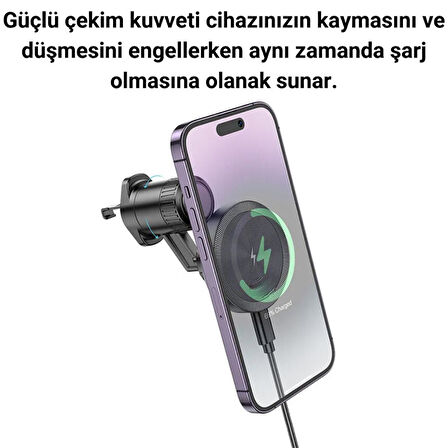 Polham 15W Süper Hızlı Kablosuz Şarjlı Manyetik Telefon Tutucu, Kancalı Düşmez Titremez Metal Tutucu