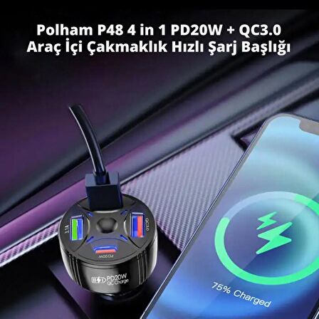 Polham 50W Süper Hızlı 4in1 2x USB ve 2x Type C Girişli Araç Şarj Adaptörü, Akım ve Isı Korumalı Şarj Başlığı