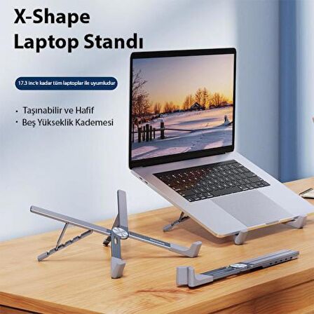 Polham X Tipi Açı ve Yükseklik Ayarlı Ultra Sağlam Alüminyun Laptop Standı, 5 Yükseklik Ayarlı Notebook Standı