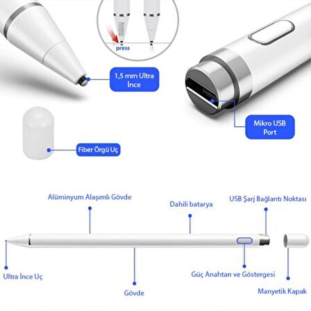 Polham Uzun Şarjlı Universal İos ve Android Uyumlu Dokunmatik Stylus Kalem, Telefon ve Tablet Kalemi