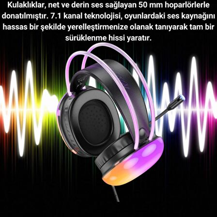 Polham RGB Işıklı 2 Metre USB 7.1 Kablolu Mikrofonlu Oyuncu Kulaklığı, Profesyonel Gaming Kulaklık