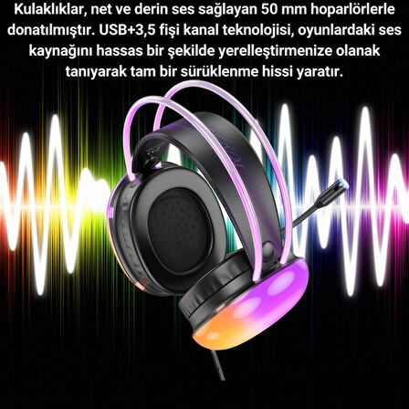 Polham RGB Işıklı 2 Metre USB 7.1 ve 3.5mm Kablolu Mikrofonlu Oyuncu Kulaklığı, Profesyonel Kulaklık