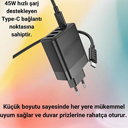 Polham Süper Hızlı 45W 3x USB,1x Type-C Şarj Başlığı ve 1 MT 60W Type C To Type C Kablolu Şarj Aleti