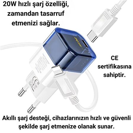 Polham Süper Hızlı 20W 1x Type-C Şarj Başlığı ve 1 MT 20W Type C To Lightning Kablolu Şarj Aleti
