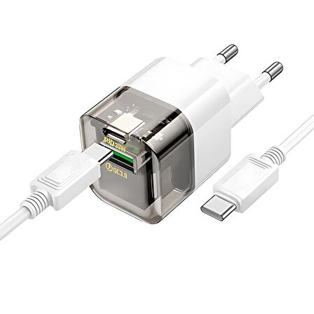 Polham Süper Hızlı 20W 1x Type-C,1x USB Şarj Başlığı ve 1 MT 60W Type C To Type C Kablolu Şarj Aleti