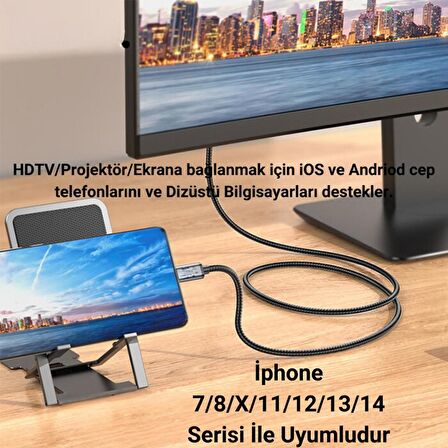 Polham 2 Metre 60Hz 4K İphone Lightning to HDMI Görüntü Aktarım Kablosu, İphone 7/8/X/11/12/13/14 Serisi İle Uyumulu