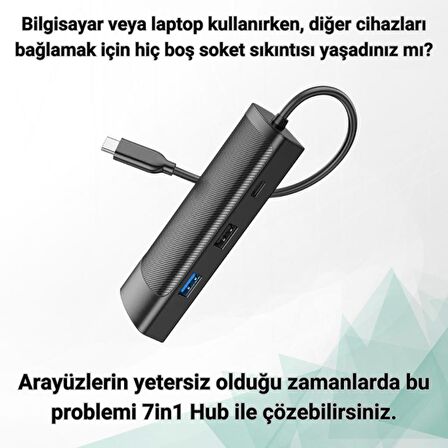 Polham 100W 7in1 Type-C Çoğaltıcı Adaptör HUB, 1x 4K HDMİ/2x PD Type C,/1x RJ45 Port,/2x USB/1x SD/TF Çoğaltıcı Adaptör