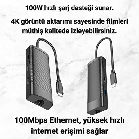Polham 100W 7in1 Type-C Çoğaltıcı Adaptör HUB, 1x 4K HDMİ/2x PD Type C,/1x RJ45 Port,/2x USB/1x SD/TF Çoğaltıcı Adaptör
