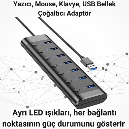 Polham Işıklı 7 Adet USB Port Çoğaltıcı HUB Yazıcı, Mouse, Klavye, USB Bellek Çoğaltıcı, Düğmeli