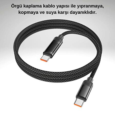 Polham 1mt 100W Led Işıklı Süper Hızlı Kopmaz Type-C to Type C Şarj Data Kablosu, Akım, Voltaj Korumalı