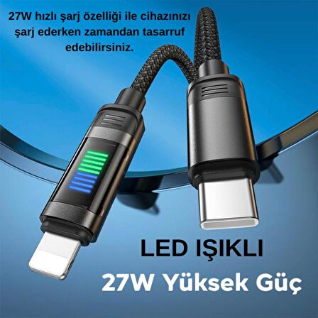 Polham 1 Metre 27W Süper Hızlı Kopmaz Type-C to iPhone Lightning Şarj Data Kablosu, Akım, Voltaj Korumalı