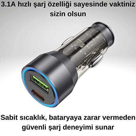 Polham HC 43W 1x Type-C 1x USB Girişli Araç Çakmaklık Hızlı Şarj Aleti, Akım, Voltaj ve Isı Korumalı Araç Şarjı