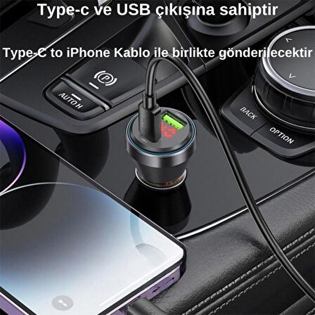 Polham HC 48W 1x Type-C 1x USB Girişli ve 1mt Type-C to İphone Lightning Kablolu Araç Şarjı,Akım,Voltaj,Isı Korumalı