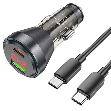 Polham HC 48W 1x Type-C 1x USB Girişli ve 1mt Type-C Kablolu Araç Şarjı,Akım,Voltaj,Isı Korumalı