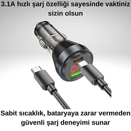 Polham HC 48W 1x Type-C 1x USB Girişli ve 1mt Type-C Kablolu Araç Şarjı,Akım,Voltaj,Isı Korumalı