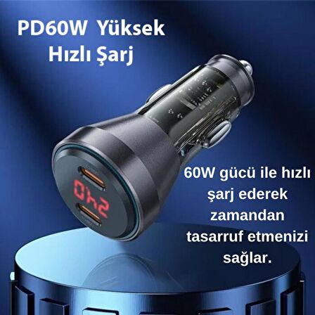 Polham HC 60W 2x Type-C Girişli Araç Çakmaklık Hızlı Şarj Aleti, Akım, Voltaj ve Isı Korumalı Araç Şarjı