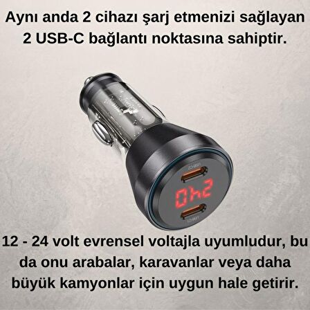 Polham HC 60W 2x Type-C Girişli Araç Çakmaklık Hızlı Şarj Aleti, Akım, Voltaj ve Isı Korumalı Araç Şarjı