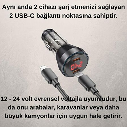 Polham HC 60W 2x Type-C Girişli ve 1mt Type-C to İphone Lightning Kablolu Araç Şarjı,Akım,Voltaj,Isı Korumalı