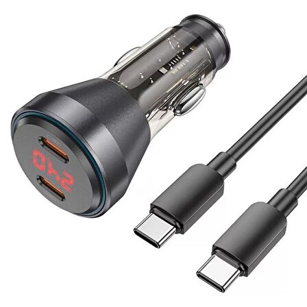 Polham HC 60W 2x Type-C Girişli ve 1mt Type C Kablolu Süper Hızlı Araç Şarjı,Akım,Voltaj,Isı Korumalı