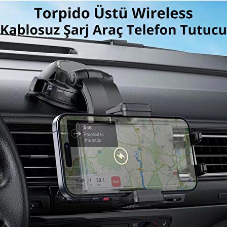 Polham 15W Kablosuz Şarjlı Araç İçi Telefon Tutucu, Torpido Üstü Vantuzlu Ultra Stabil Telefon Tutucu