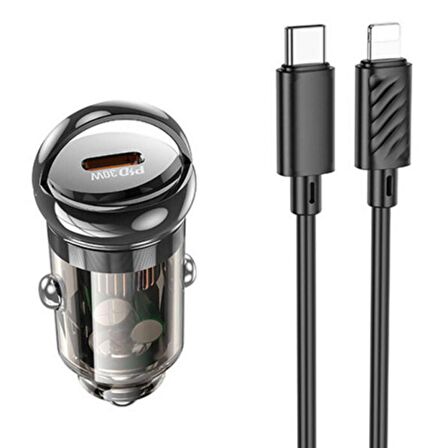 Polham HC 30W 1xType-C Girişli ve 1mt 20W Type-C to iPhone Kablolu Araç Çakmaklık Hızlı Şarj Aleti
