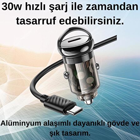 Polham HC 30W 1xType-C Girişli ve 1mt Type-C toType C Kablolu Araç Çakmaklık Hızlı Şarj Aleti