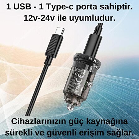Polham HC 30W 1xType-C Girişli ve 1mt Type-C toType C Kablolu Araç Çakmaklık Hızlı Şarj Aleti