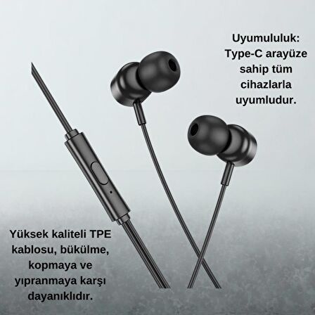 Polham HC Type C Kablolu Mikrofonlu Kulaklık, HİFİ Ses, HD Mikrofonlu Type C Kulaklık, Silikon Uçlu Kulakiçi Kulaklık