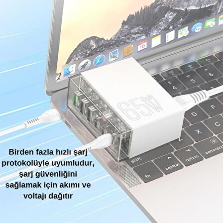 Polham HC Mega Hızlı 65W 3x USB, 3x PD Type C Girişli Çoklu Şarj Aleti, 1.2metre Güç Kablolu Başlık