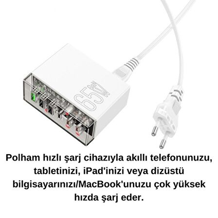 Polham HC Mega Hızlı 65W 3x USB, 3x PD Type C Girişli Çoklu Şarj Aleti, 1.2metre Güç Kablolu Başlık