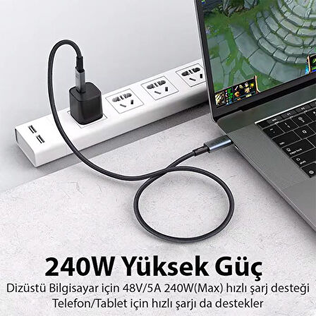 Polham 1MT 240W 4.0 Thunderbolt Type-C to Type-C Şarj, Data ve 8K 60Hz Görüntü Aktarım Kablosu