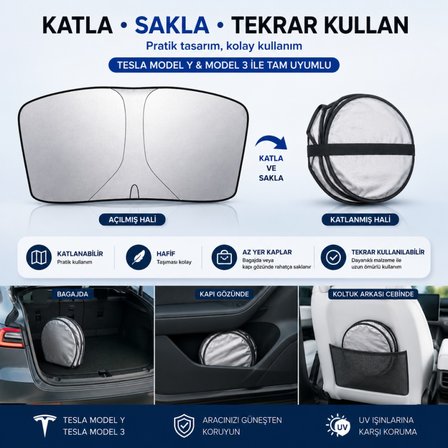 Polham 140x80 CM Tesla Model Y ve Model 3 İle Uyumlu Ön Cam Güneşliği, Isı Yalıtımlı Güneş Koruyucu