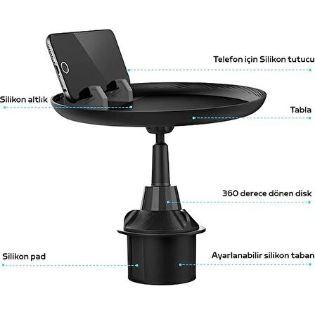 Polham Universal Araç İçi Telefon Tutucu ve Yemek Masası, Bardaklık Yeri Girişli Ayarlanabilir 