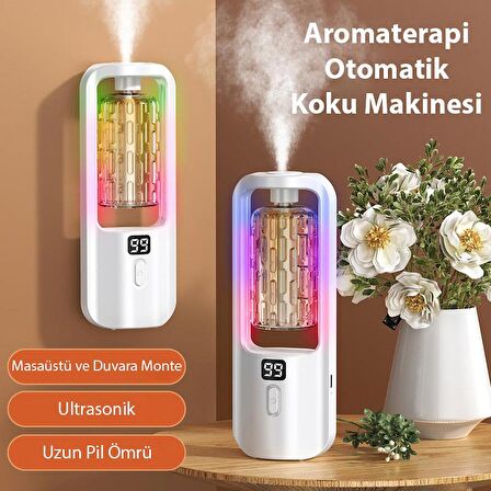 Polham 50ML Gardenia Kokulu Şarjlı Otomatik Koku Makinası, Işıklı Hız Ayarlı Taşınabilir Araç, Ev, Ofis Kokusu, Ferahlatıcı Koku