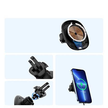 Polham 15W Magsafe İphone 13, 13 Pro, 13 Pro Max Serisi Kablosuz Şarjlı Araç İçi Telefon Tutucu