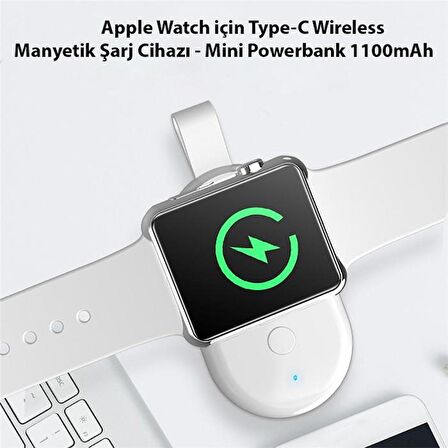 Polham 1100mAh Mini Powerbank, Apple Watch 7-8-SE İle Uyumlu Manyetik 1100mAh Taşınabilir Şarj Cihazı