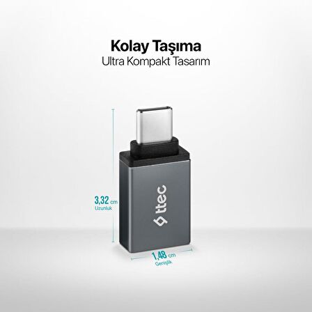 Ttec Usb 3.0 To Type C Dönüştürücü Typce Girişi Usb Dönüştürücü, Hızlı Veri Transferi OTG Çevirici