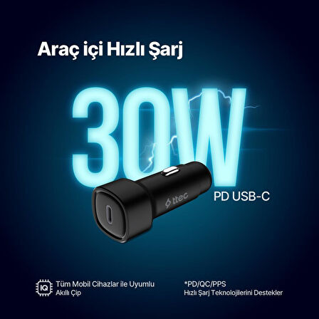 Ttec Süper Hızlı 30W 1x Type-C Araç Şarj Cihazı, 12/24V Çakmaklık Girişli Akım Korumalı, PD/QC/PPS