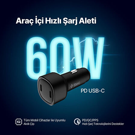Ttec Süper Hızlı 60W 2x PD Type-C Araç Şarj Cihazı, 12/24V Çakmaklık Girişli Akım ve Isı Korumalı