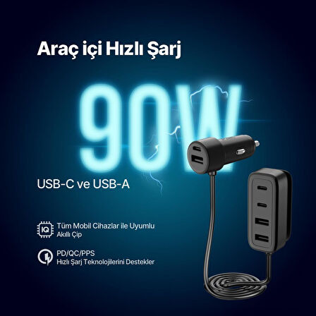 Ttec 90W Süper Hızlı 6in1 Araç Şarj Cihazı, 3x USB / 3x Type C Girişli Akım ve Isı Korumalı Araç Şarjı