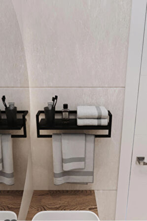 Havluluk Siyah Duvara Monte Raf Aksesuarlık Şal Askılığı Banyo Mutfak Düzenleyici Çok Amaçlı Raf