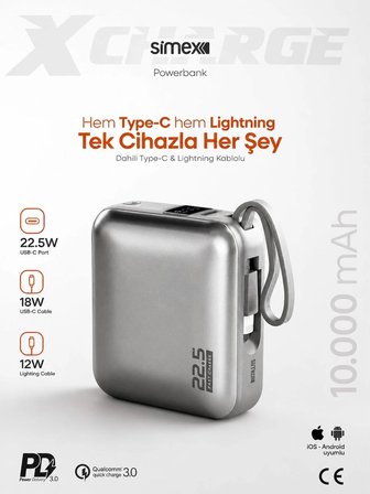 10.000 mAh 22.5W Hızlı Şarj PD Powerbank Kendinden Kablolu ve Dijital Göstergeli Taşınabilir Cihazı