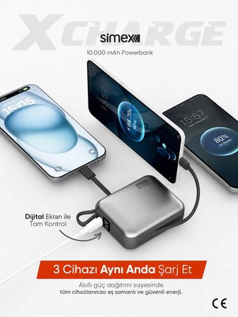 10.000 mAh 22.5W Hızlı Şarj PD Powerbank Kendinden Kablolu ve Dijital Göstergeli Taşınabilir Cihazı